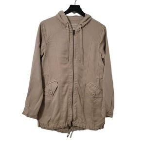 American Eagle Parka Jacket XS‎ Tan Drawstring Hood Full Zip Pockets Casual